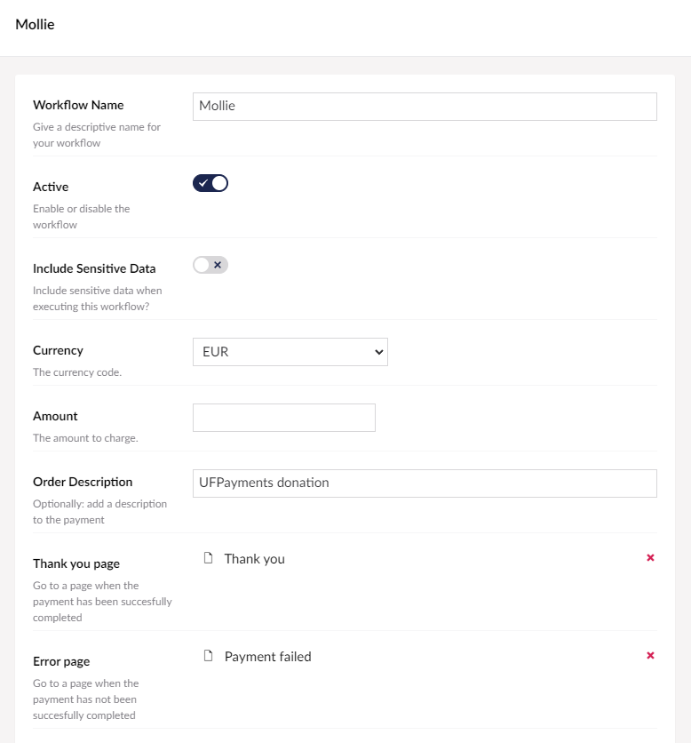 Screenshot configure Mollie workflow