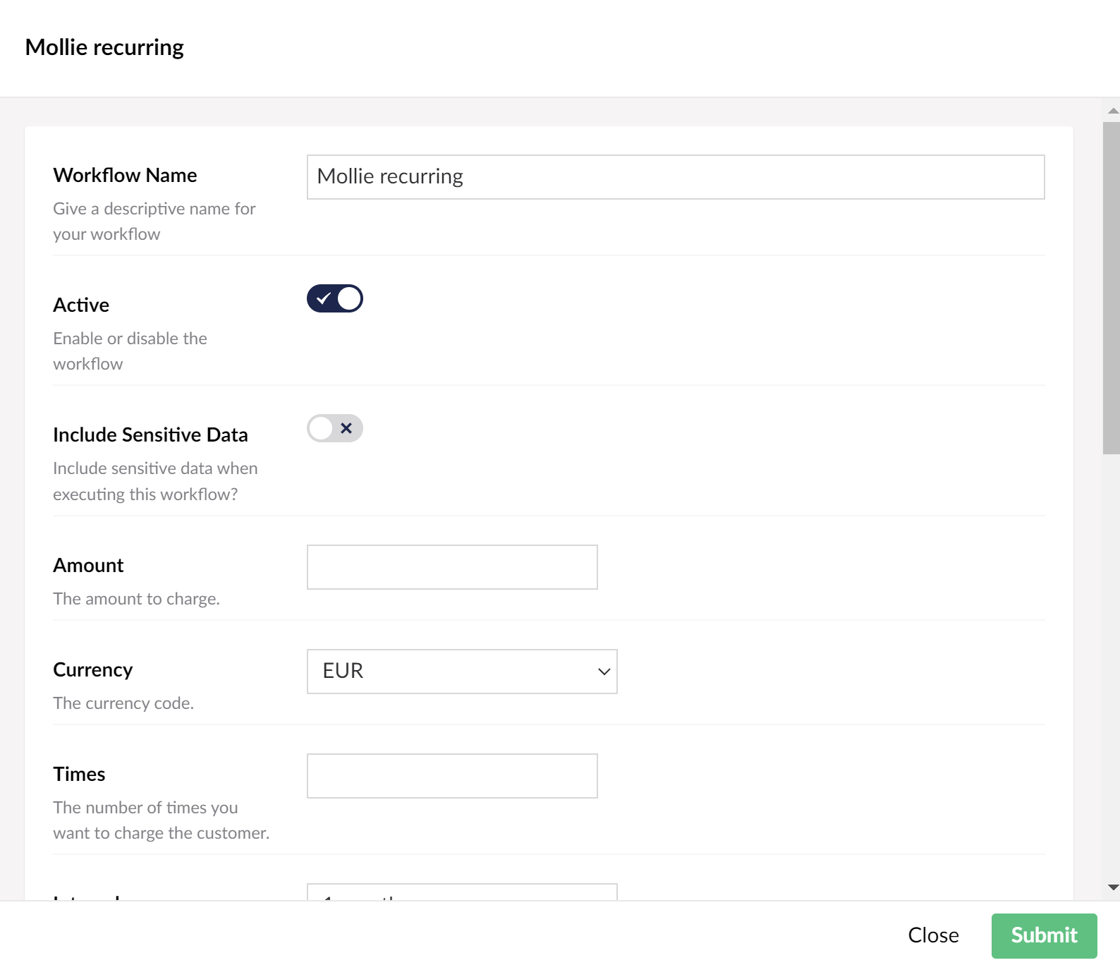 Screenshot configure Mollie Recurring workflow